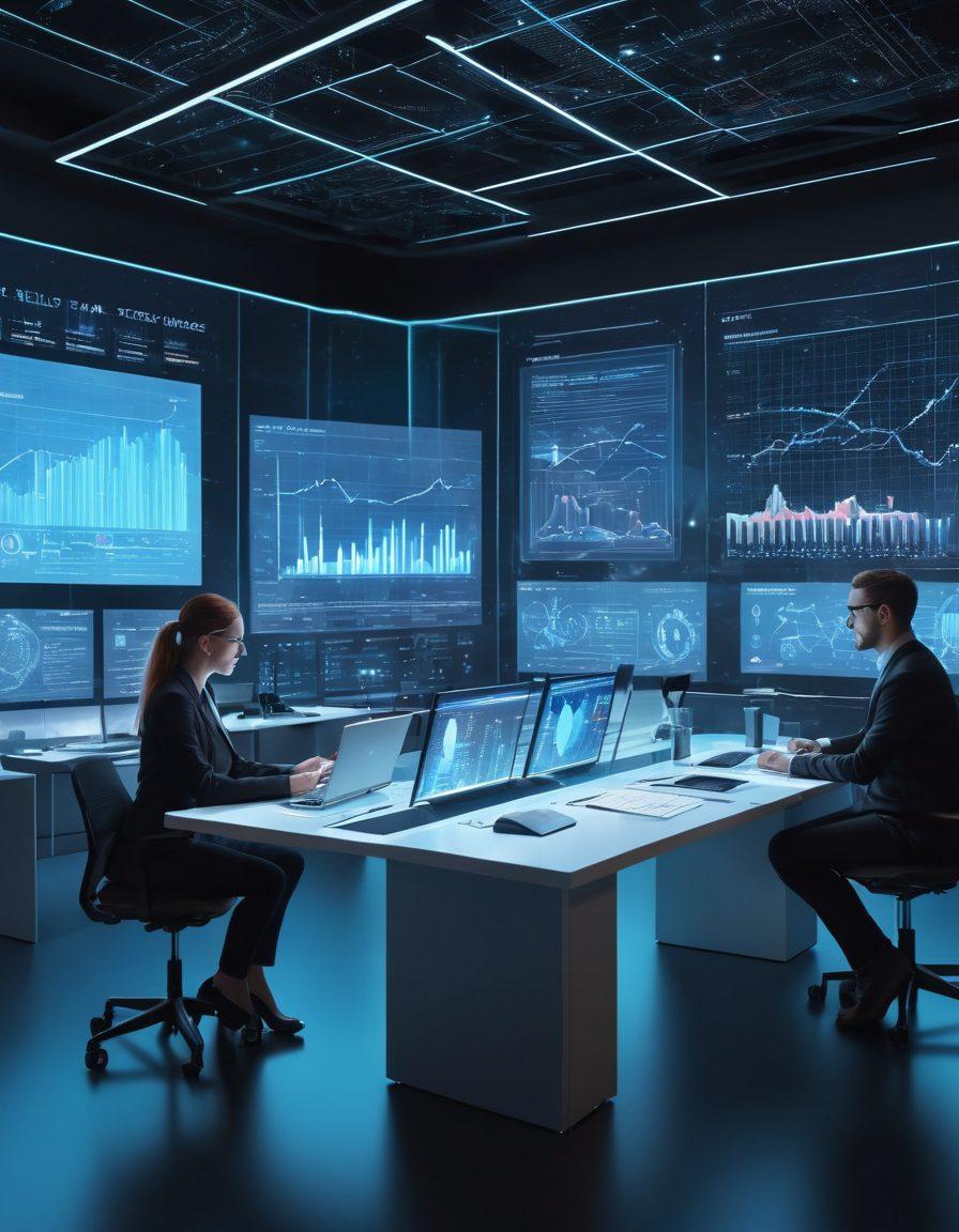 A high-tech, futuristic office with individuals working collaboratively on sleek, holographic computer screens displaying charts, graphs, and data. Emphasize a blend of innovative web-based research tools, such as advanced search engines, data analytics software, and cloud-based platforms. The environment should be dynamic, energetic, and modern, embodying the essence of maximizing efficiency. 3D. vibrant colors.